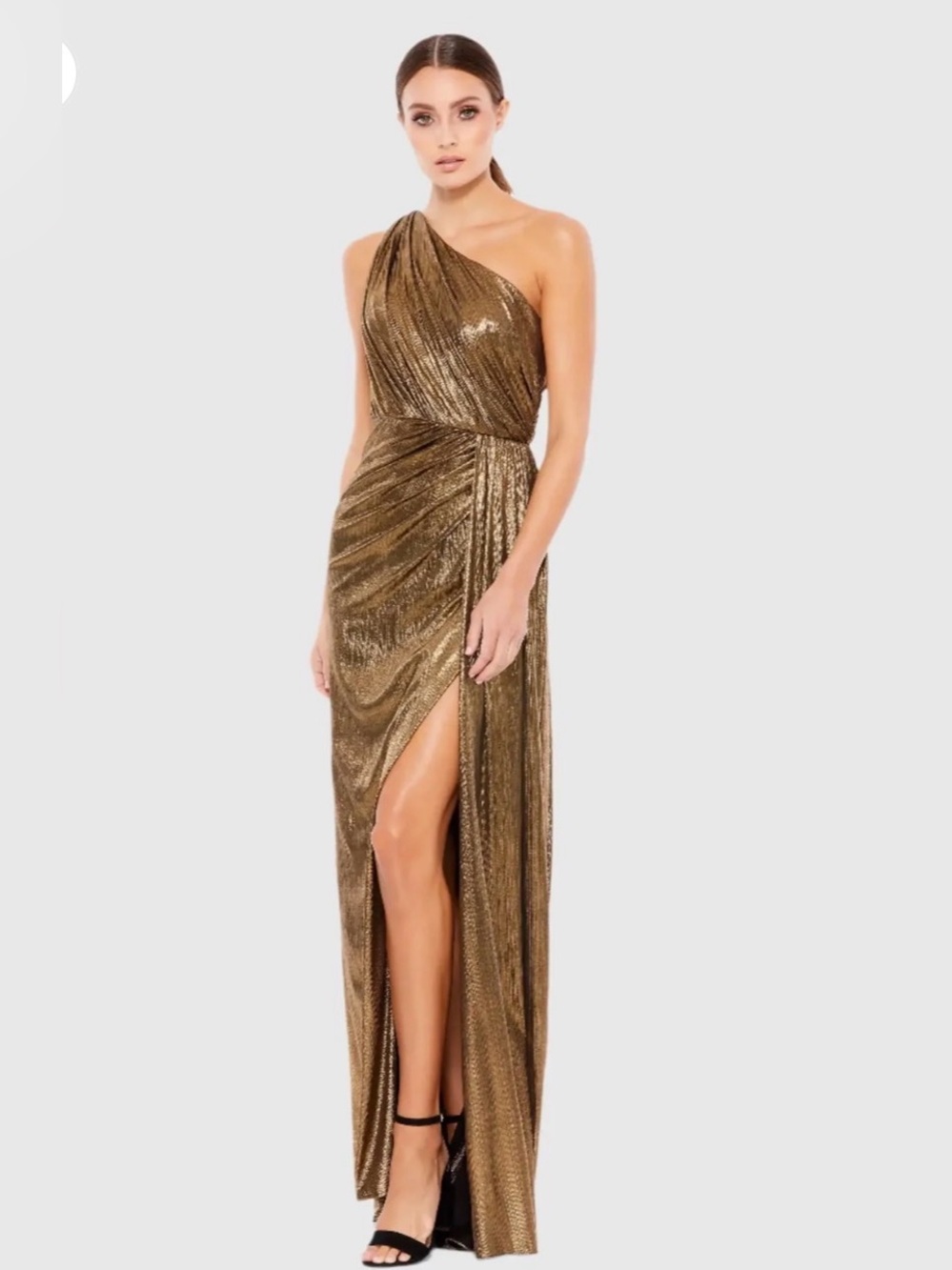 NEW Ieena Mac Duggal One-Shoulder Metallic Gold Gown, Size 8